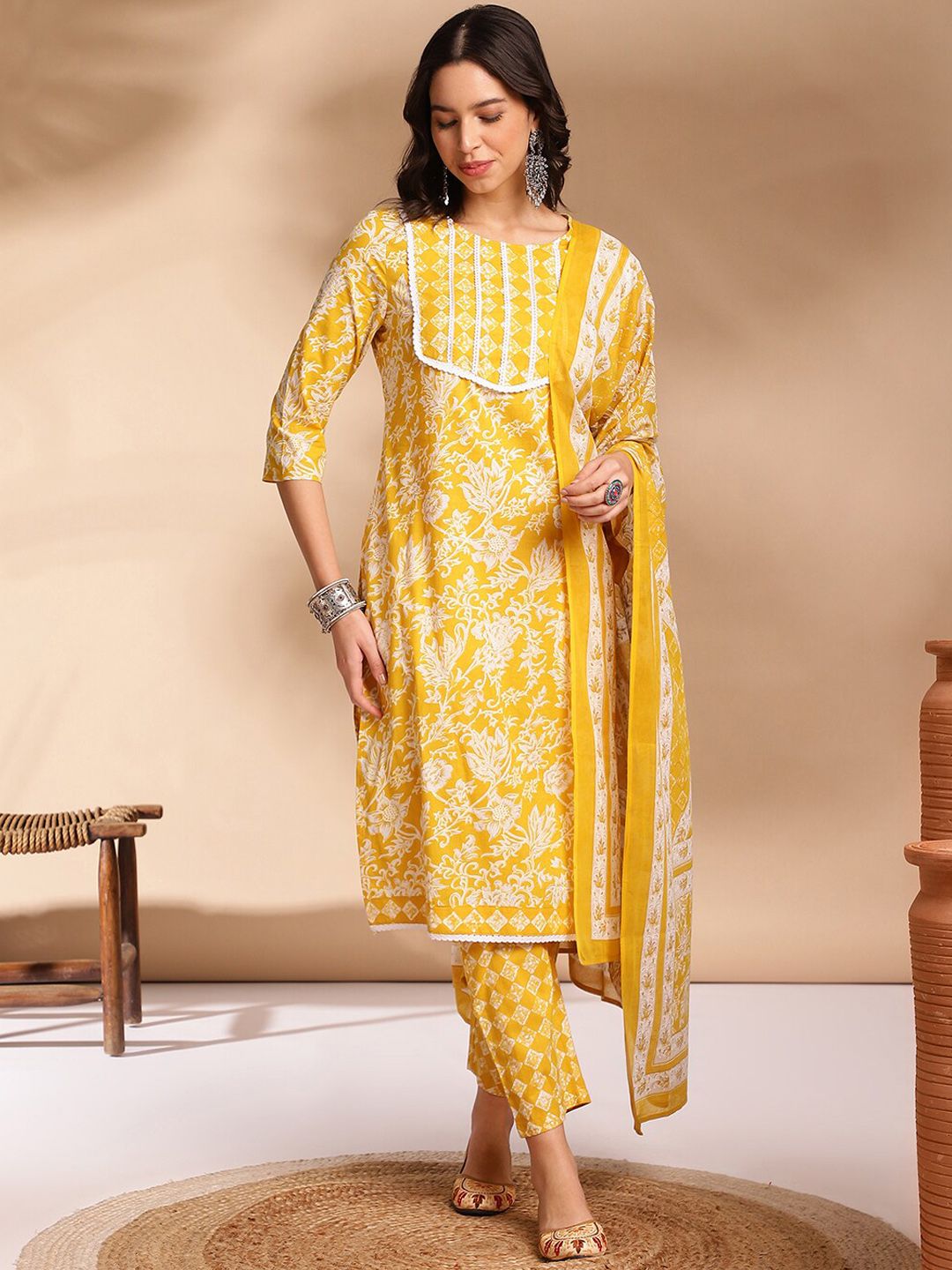 Anouk Women Ethnic Motifs Printed Regular Patchwork Pure Cotton Kurta with Trousers & With Dupatta Price in India