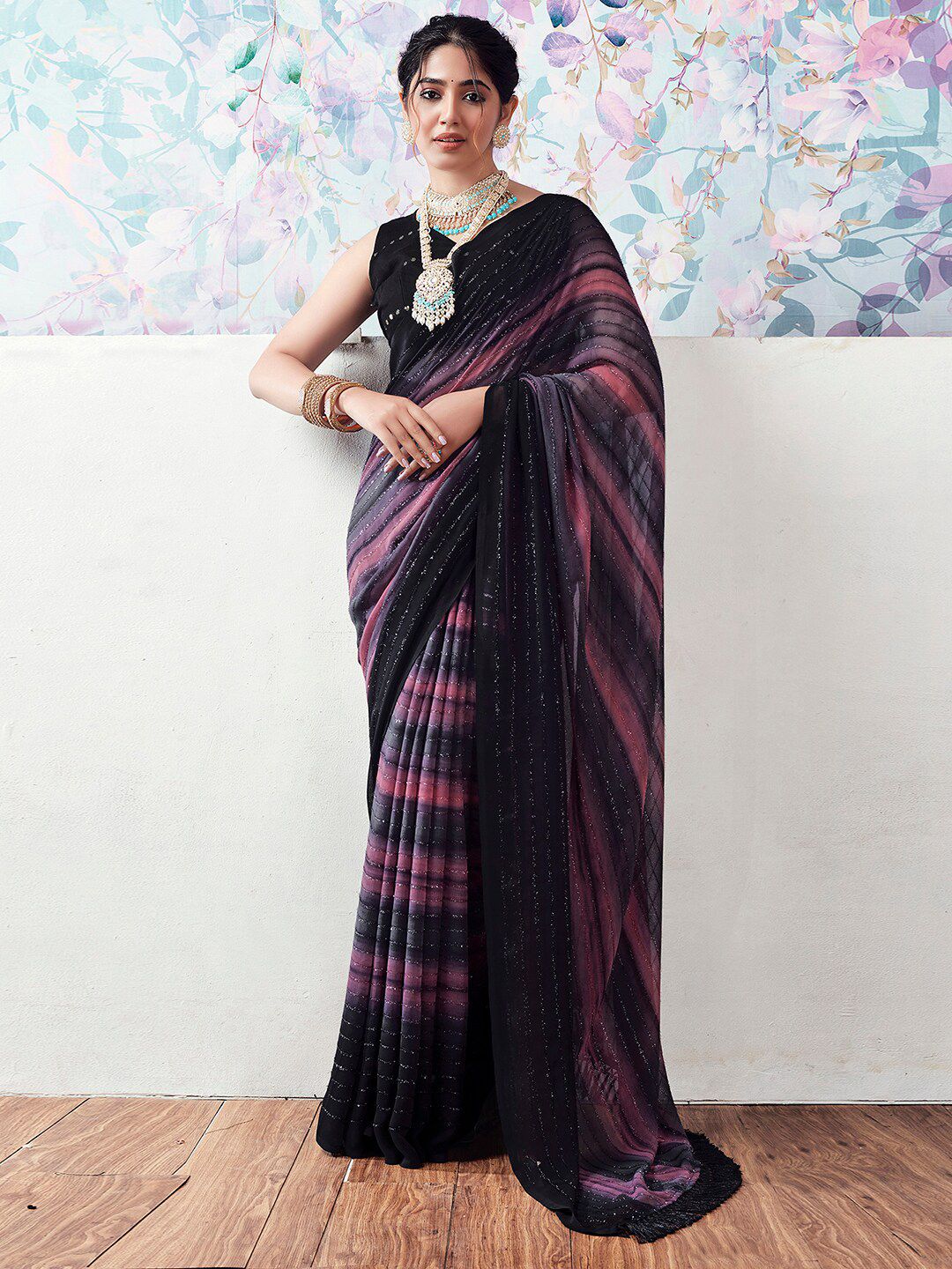 Mitera Black & Pink Striped Zari Saree