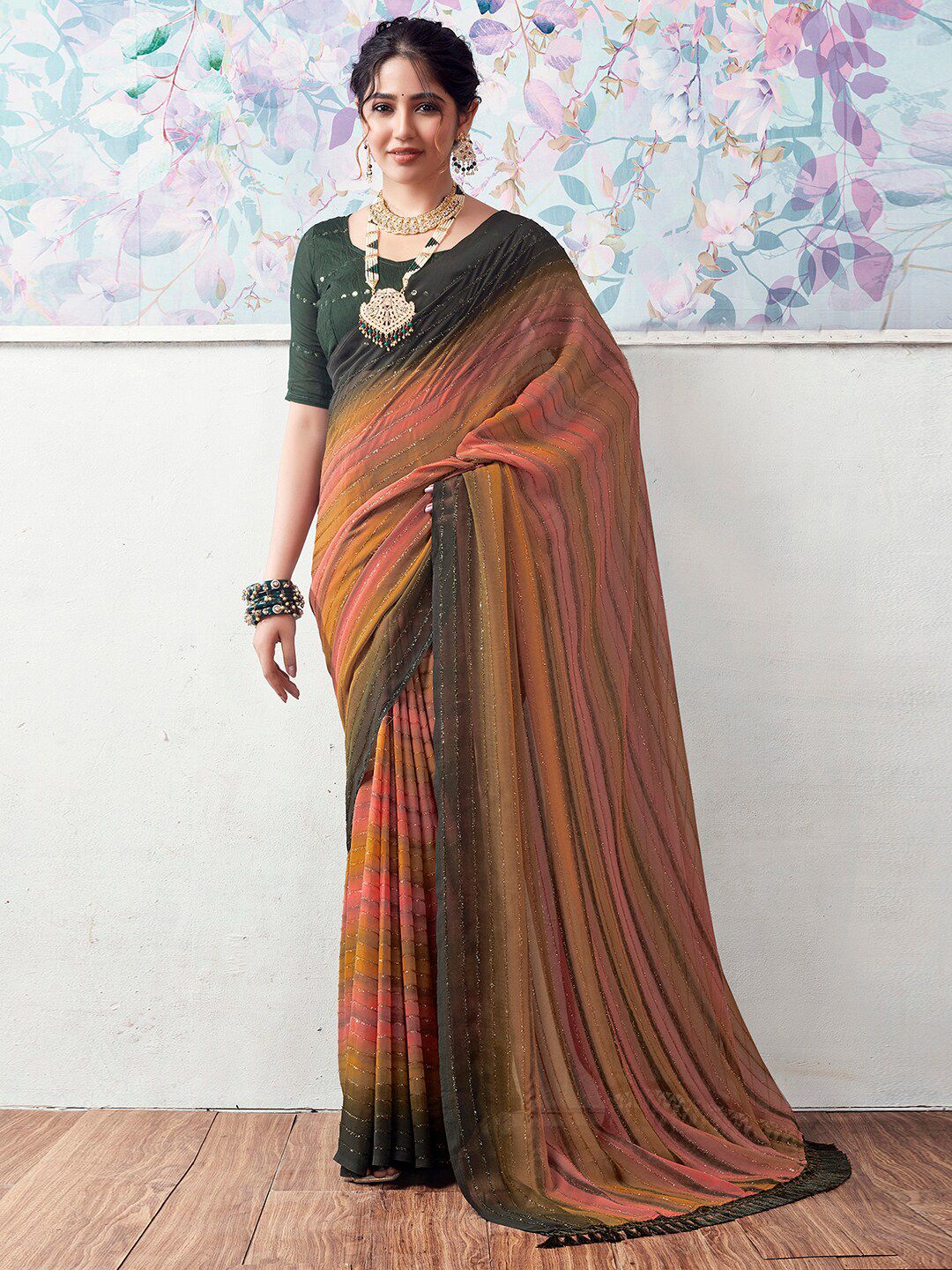 Mitera Green Striped Embellished Banarasi Saree