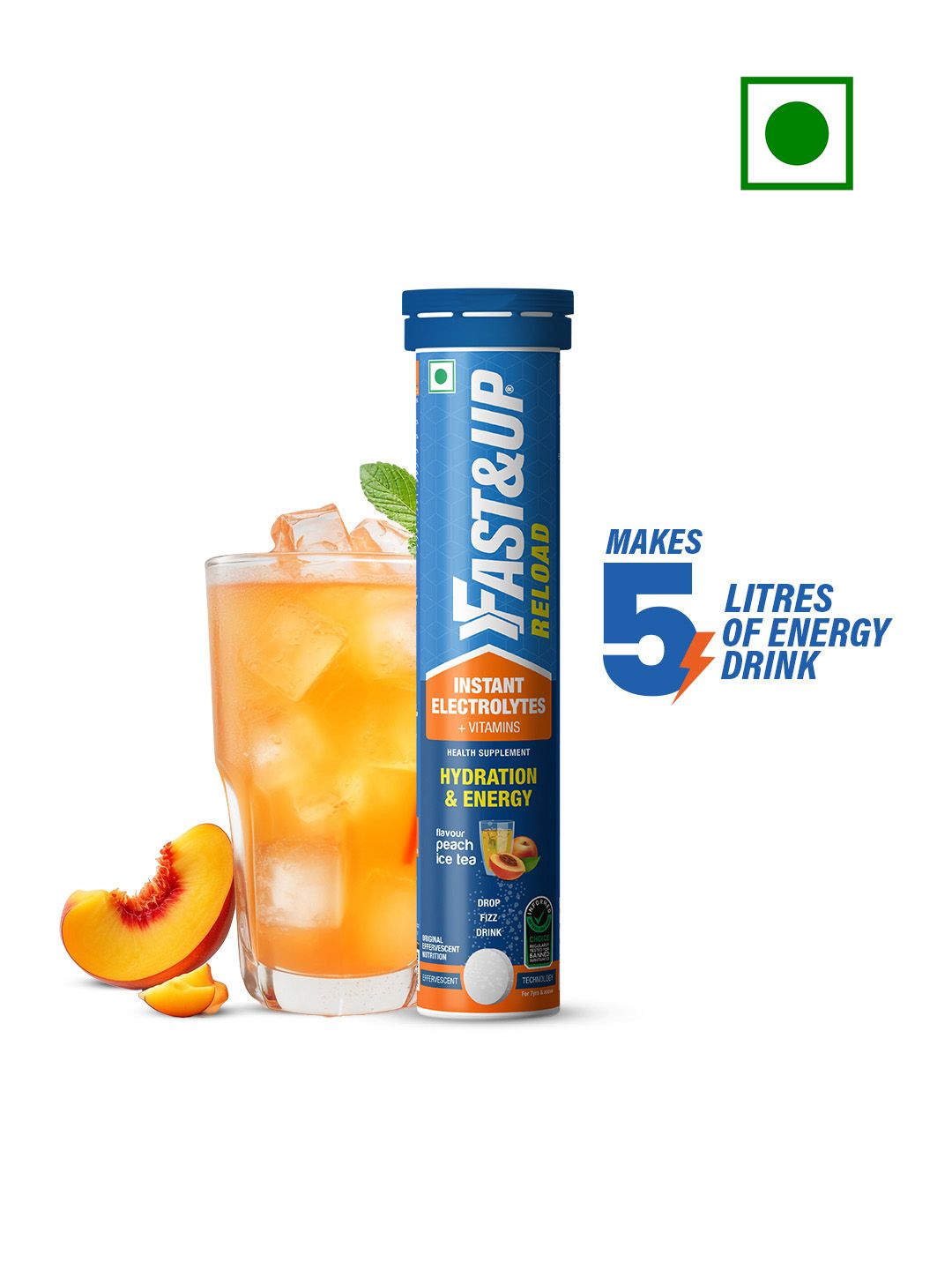 FAST&UP Reload Peach Ice Tea Flavour Instant Electrolytes+ Vitamins For Hydration - 20 Pcs