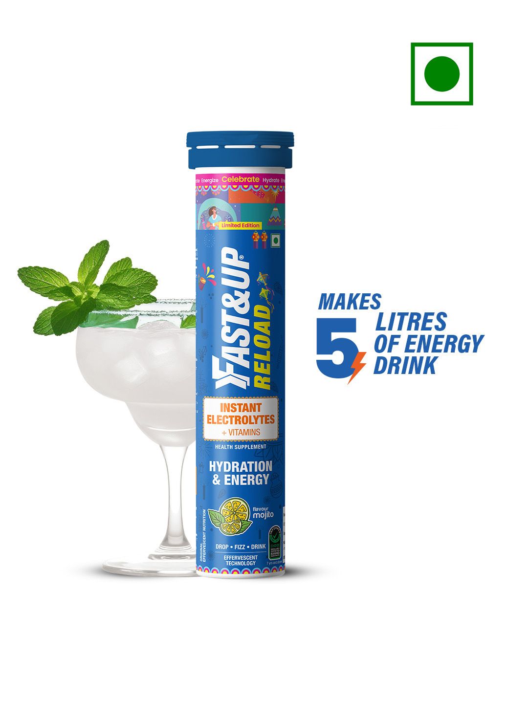 FAST&UP Reload Instant Electrolyte for Hydration & Energy - Mojito Flavour - 20 Tablets