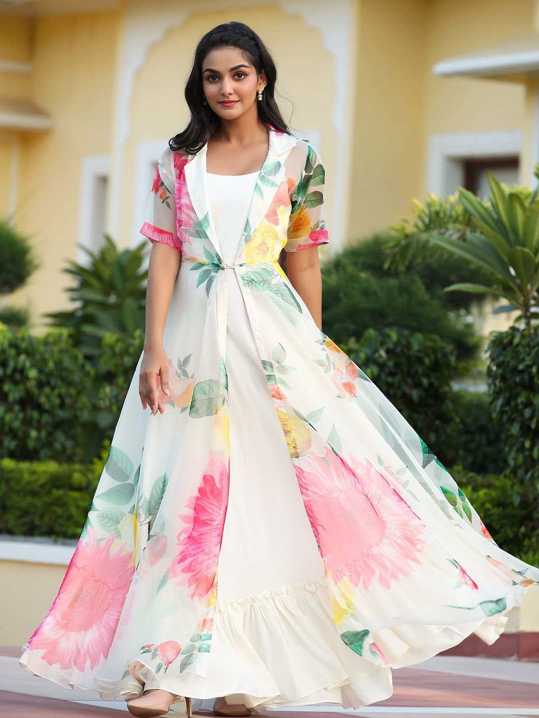 Buy GILLORI Shoulder Straps Gathered Maxi Dress With Printed Shrug - Dresses  for Women 27340390 | Myntra