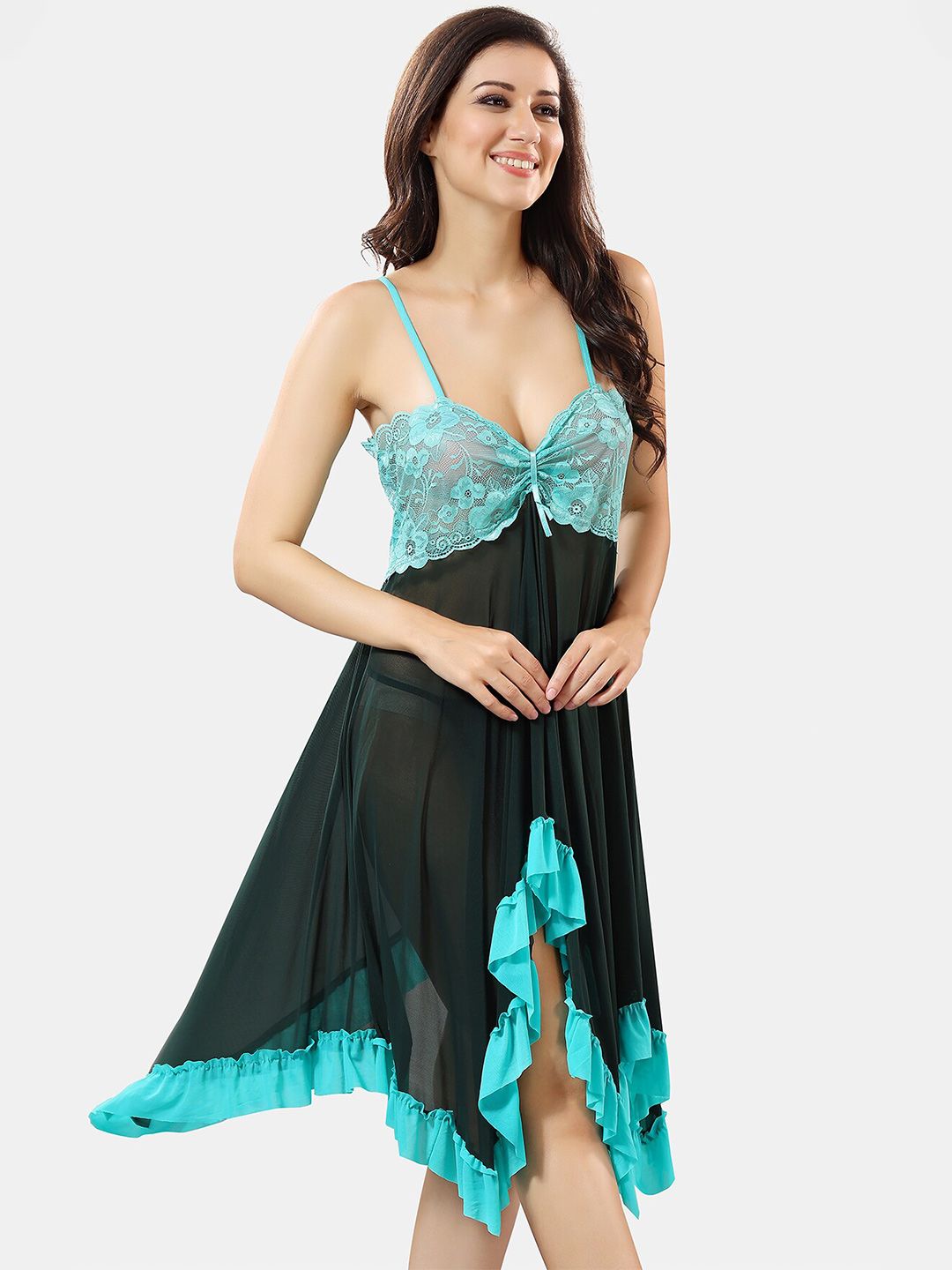Be You Self Design Sleeveless Net Baby Doll With Brief