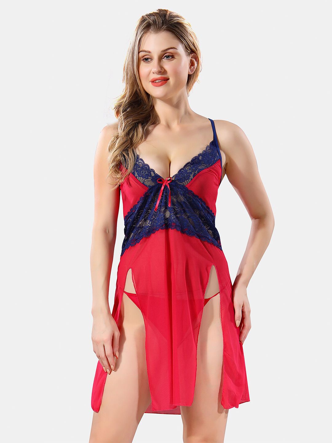 Be You Self Design Shoulder Straps Net Baby Doll With Brief