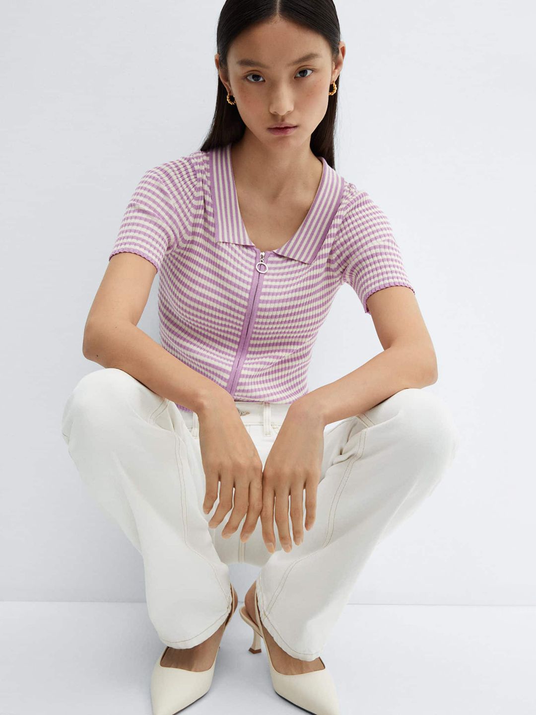 Striped Polo Collar Crop T-shirt