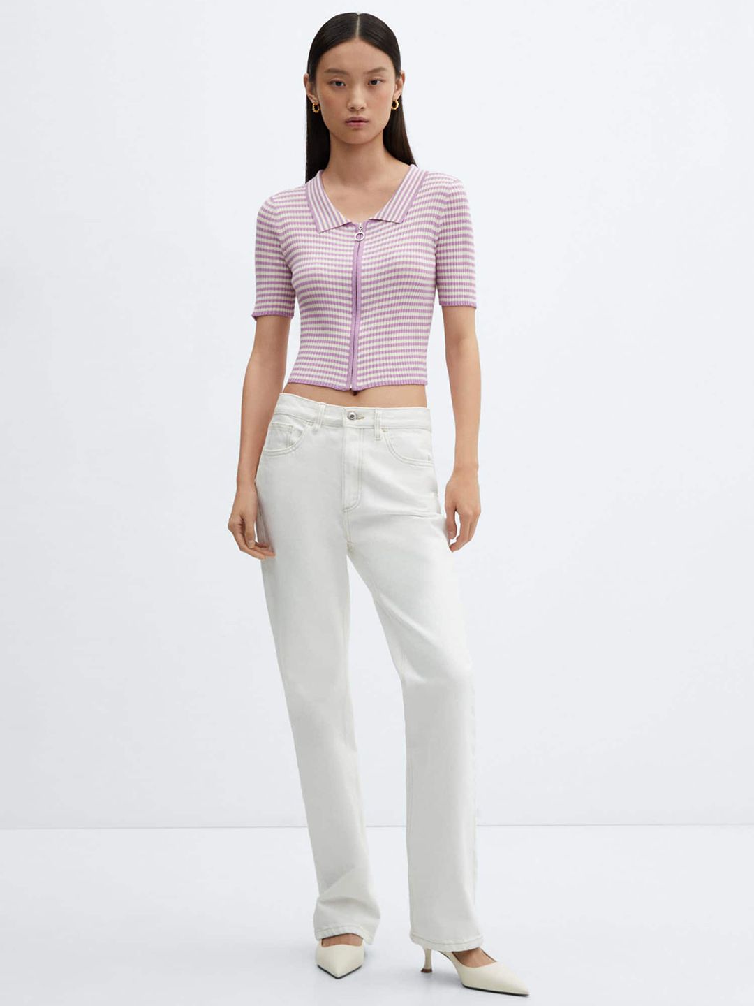 Striped Polo Collar Crop T-shirt
