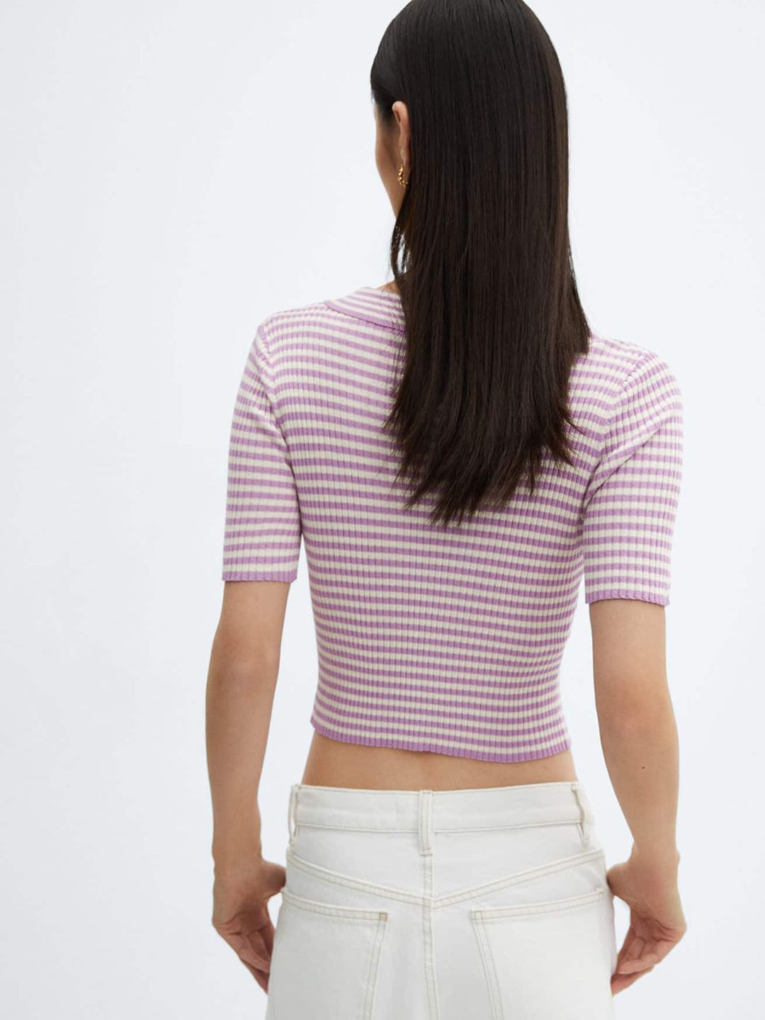 Striped Polo Collar Crop T-shirt