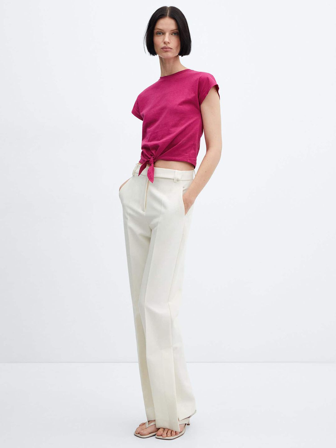 Tie-Up Waist Extended Sleeves Pure Cotton T-shirt