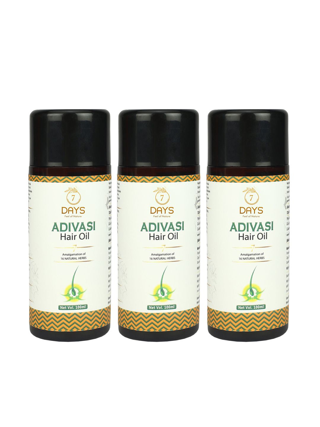 7 DAYS Feel Of Nature Set of 3 Adivasi Hair Oil with Tulsi & Brahmi - 100 ml each