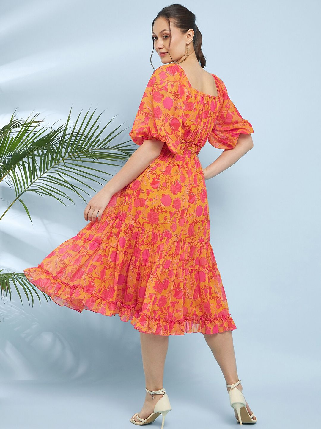 Buy Antheaa Yellow Floral Printed Square Neck Puff Sleeve Chiffon