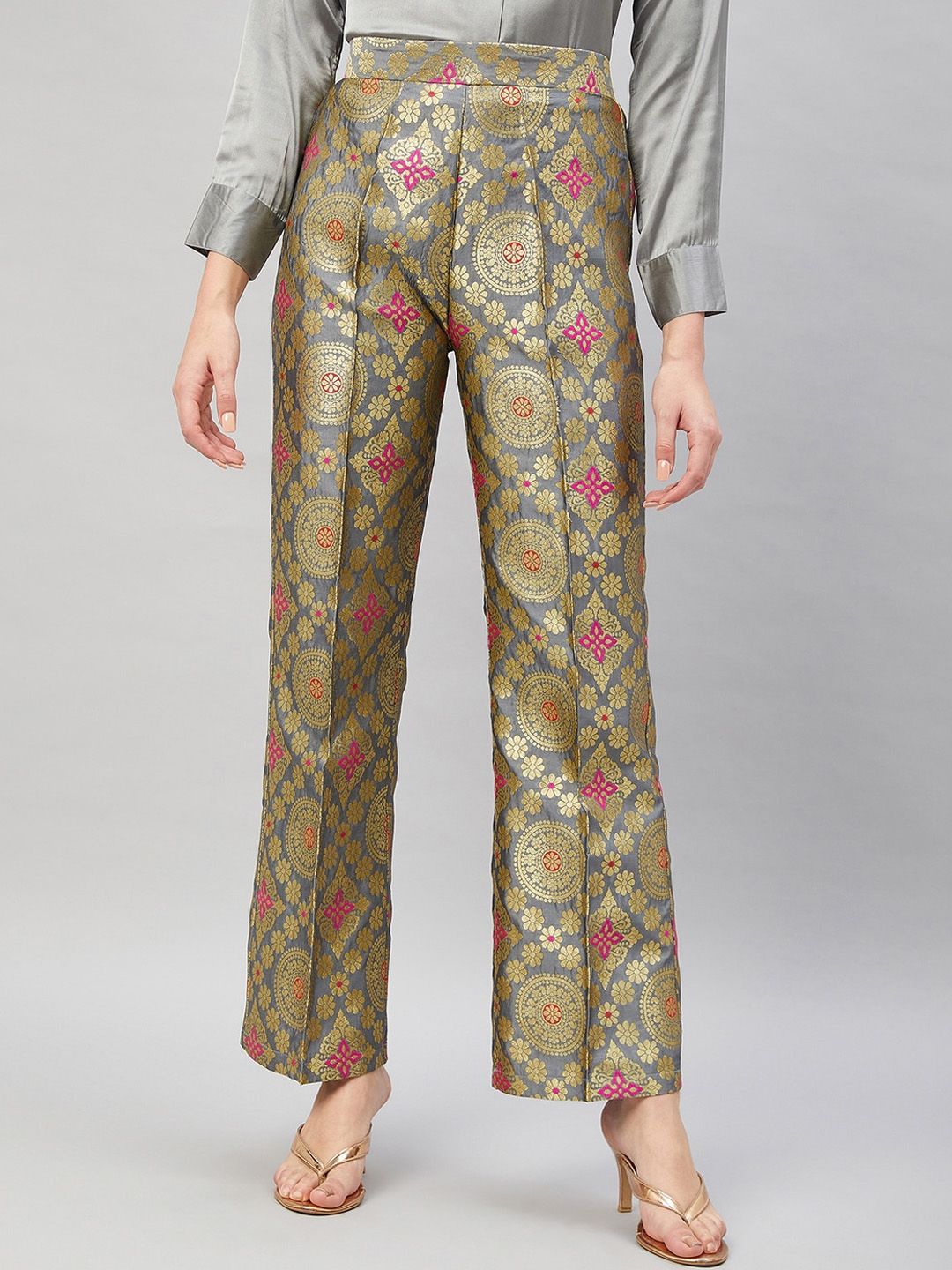 Orchid Hues Women Ethnic Motifs Printed Flared High-Rise Trousers Price in India