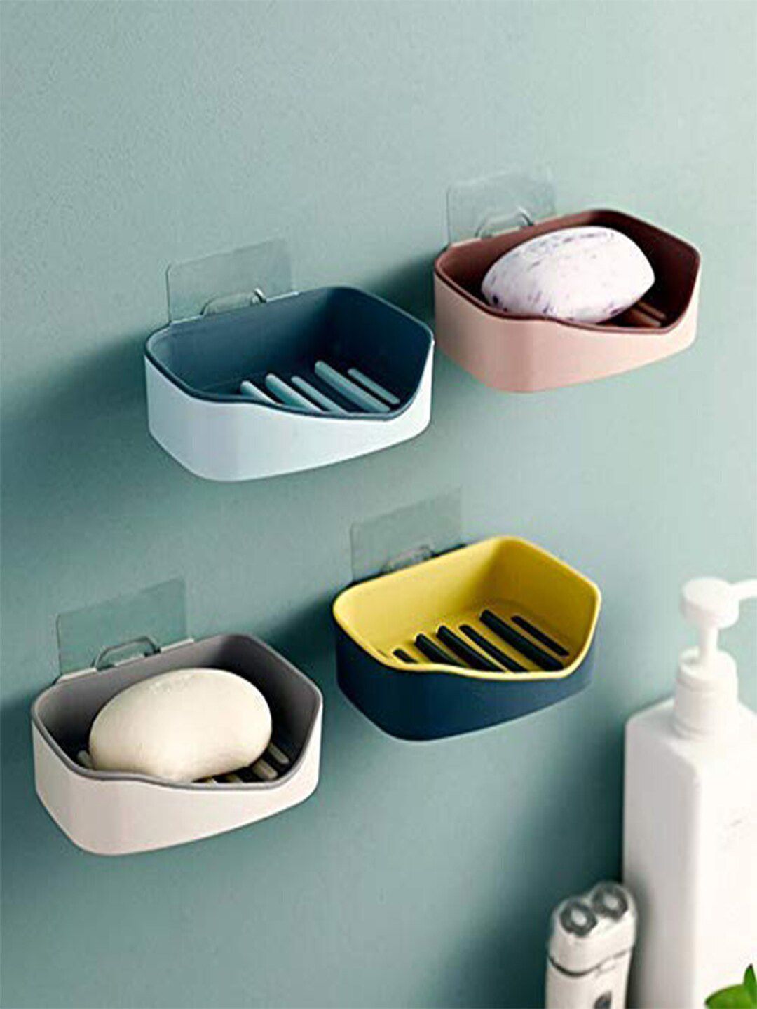 Kuber Industries White & Grey,Blue 4 Pieces Soap Dish Bathroom Accessories