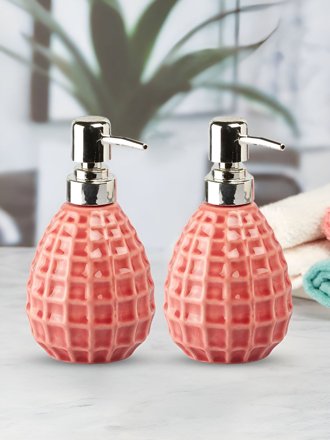 Kookee Orange 2 Pieces Ceramic Textured Glossy Contemporary Soap Dispenser