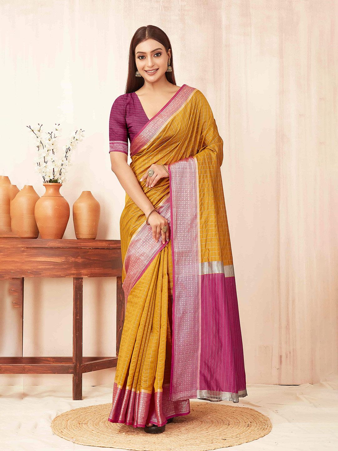 Silk Land Checked Woven Design Zari Banarasi Saree Price in India