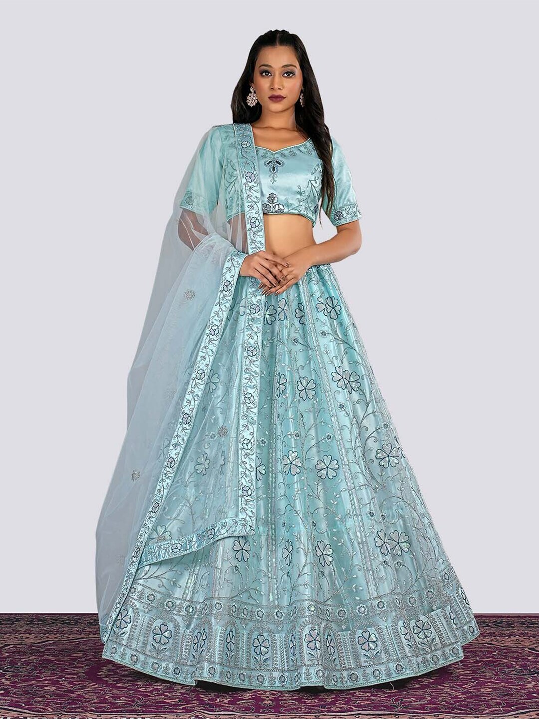 HALFSAREE STUDIO Embroidered Net Semi-Stitched Lehenga & Unstitched Blouse With Dupatta Price in India