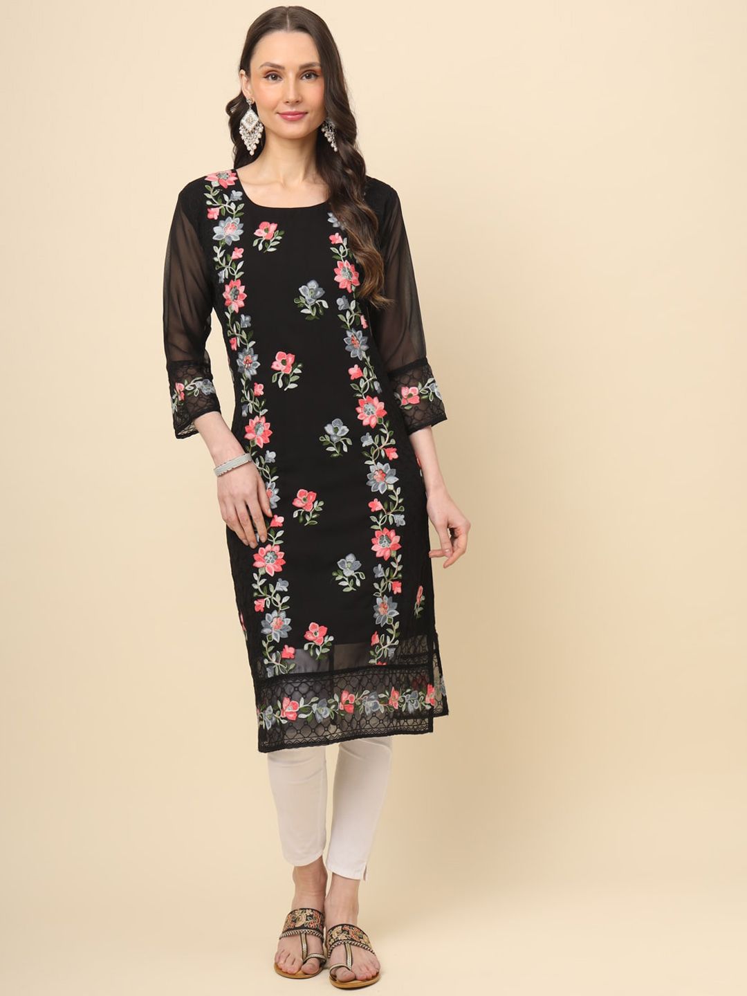 HERE&NOW Women Floral Embroidered Sequinned Floral Georgette Kurta Price in India