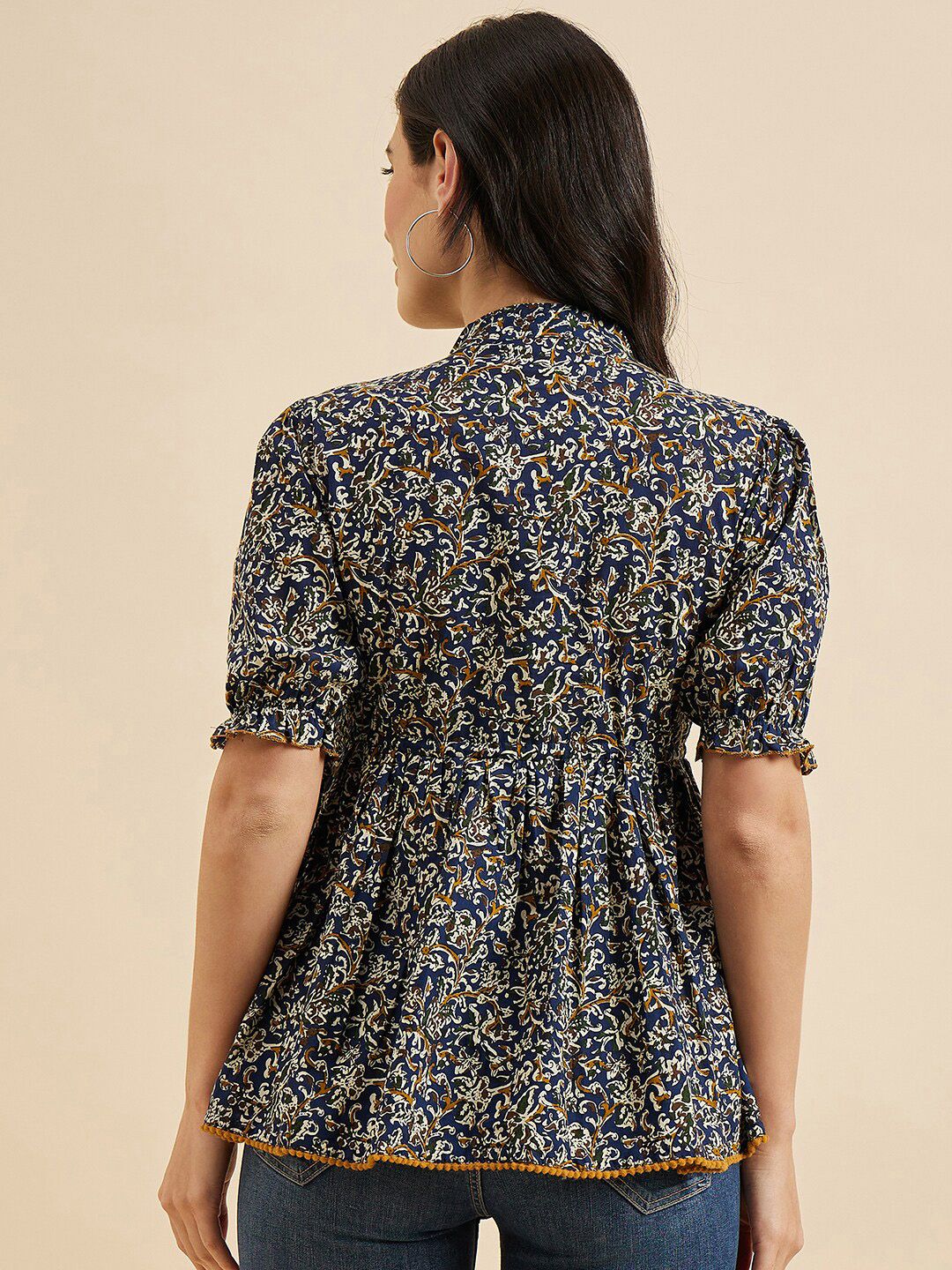 Buy Azira Floral Print Mandarin Collar Puff Sleeve Cotton Peplum