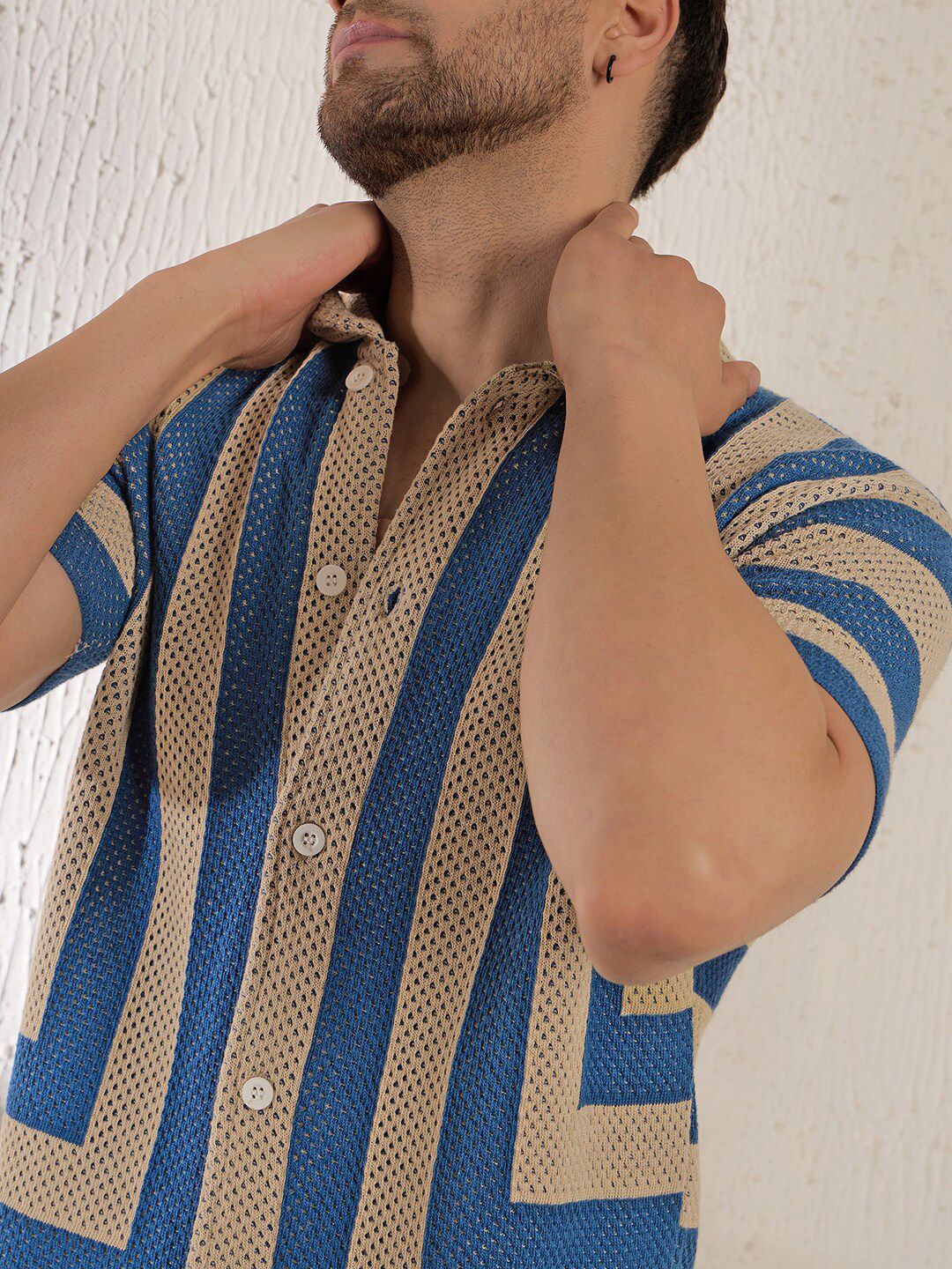 Buy FUGAZEE Relaxed Spread Collar Striped Crotchet Knitted Cotton