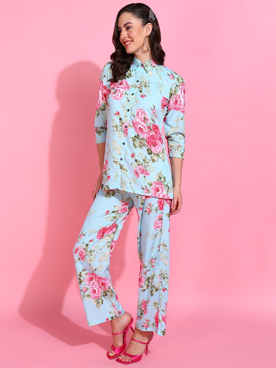 Rudraaksha Creations Printed Collar Shirt With Trousers Co-Ords