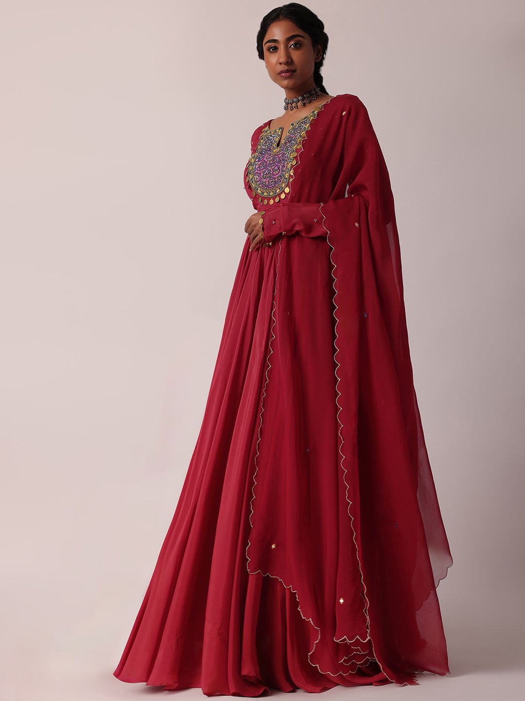 slim fit dress slacks Beige Georgette Anarkali Suit with Sequins and Thread Embroidery