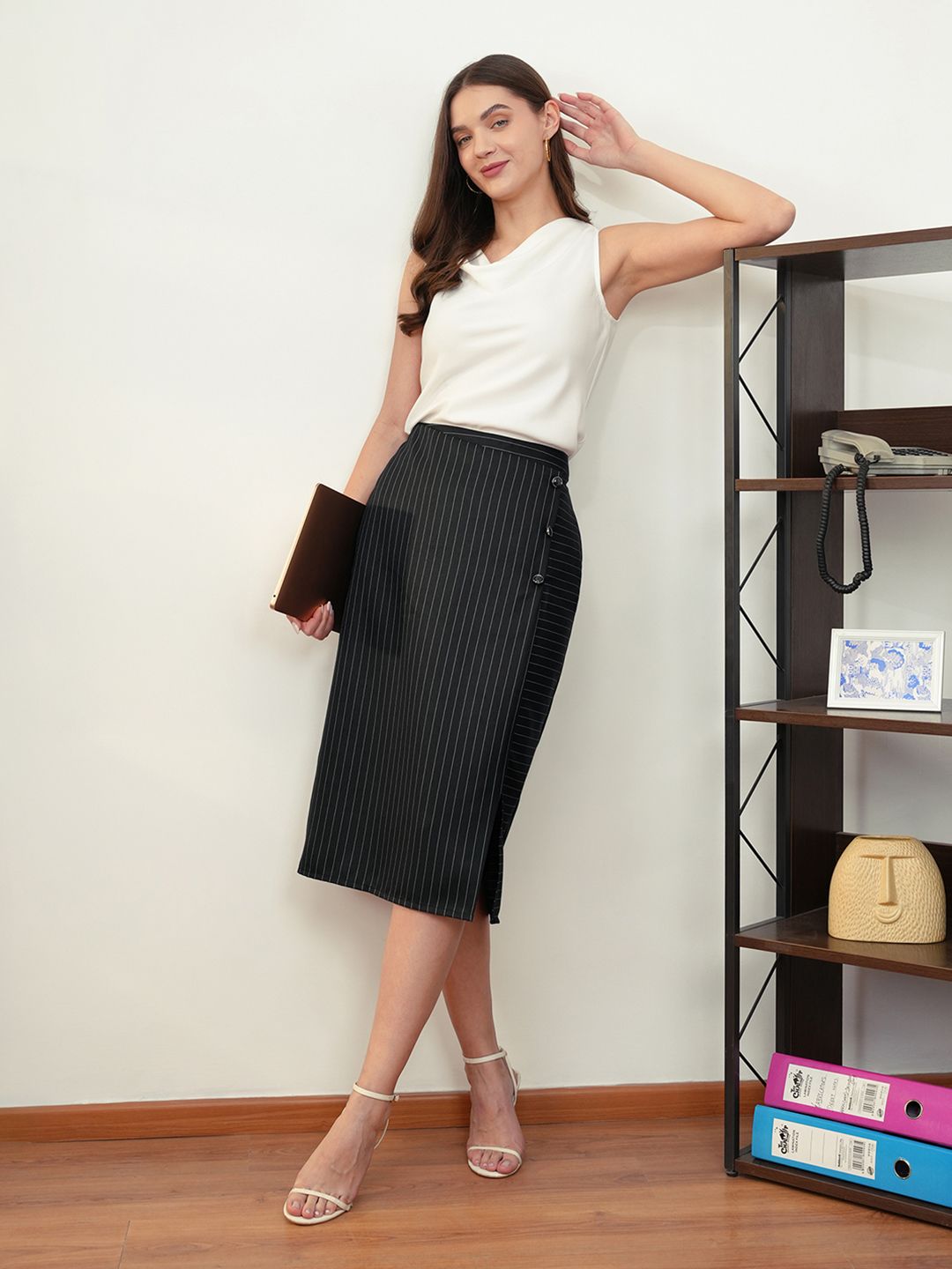 FableStreet Striped Straight Midi Formal Skirts