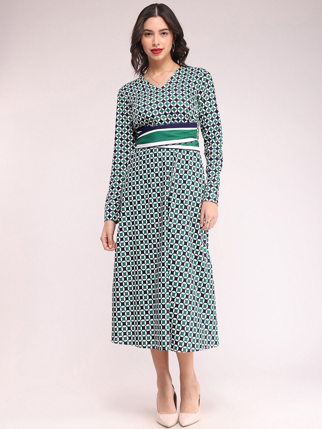 FableStreet Geometric Printed Fit & Flare Midi Dress With Belt Price in India