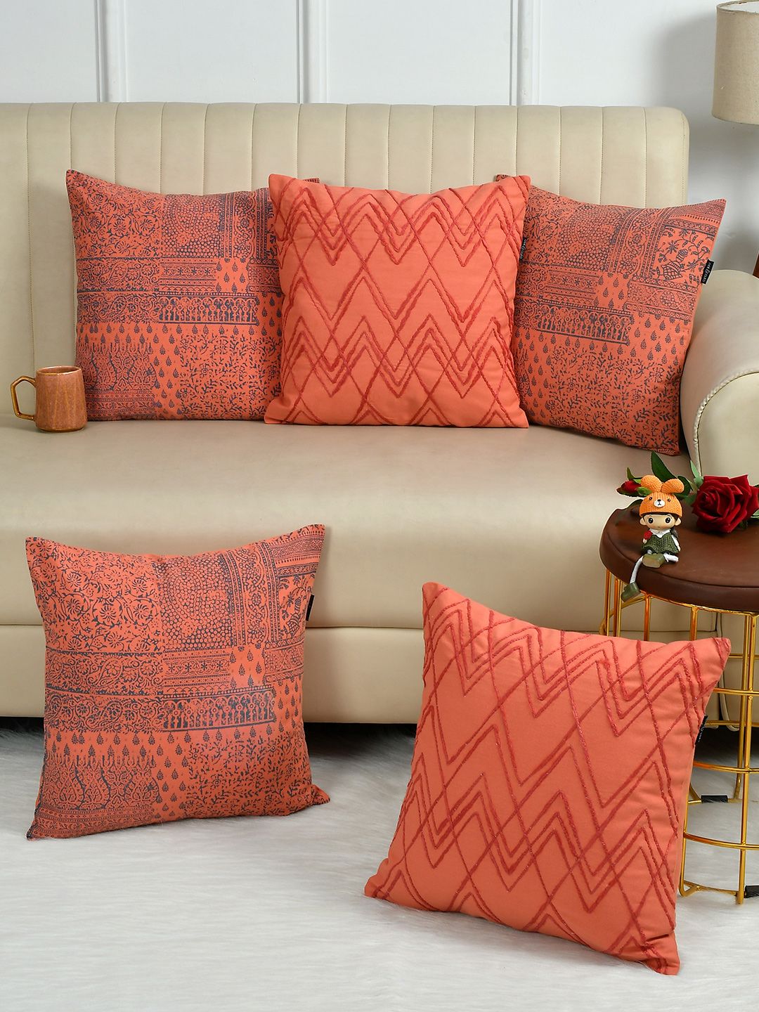Ode & Cleo Peach-Coloured & Grey 5 Pieces Printed Pure Cotton Square Cushion Covers