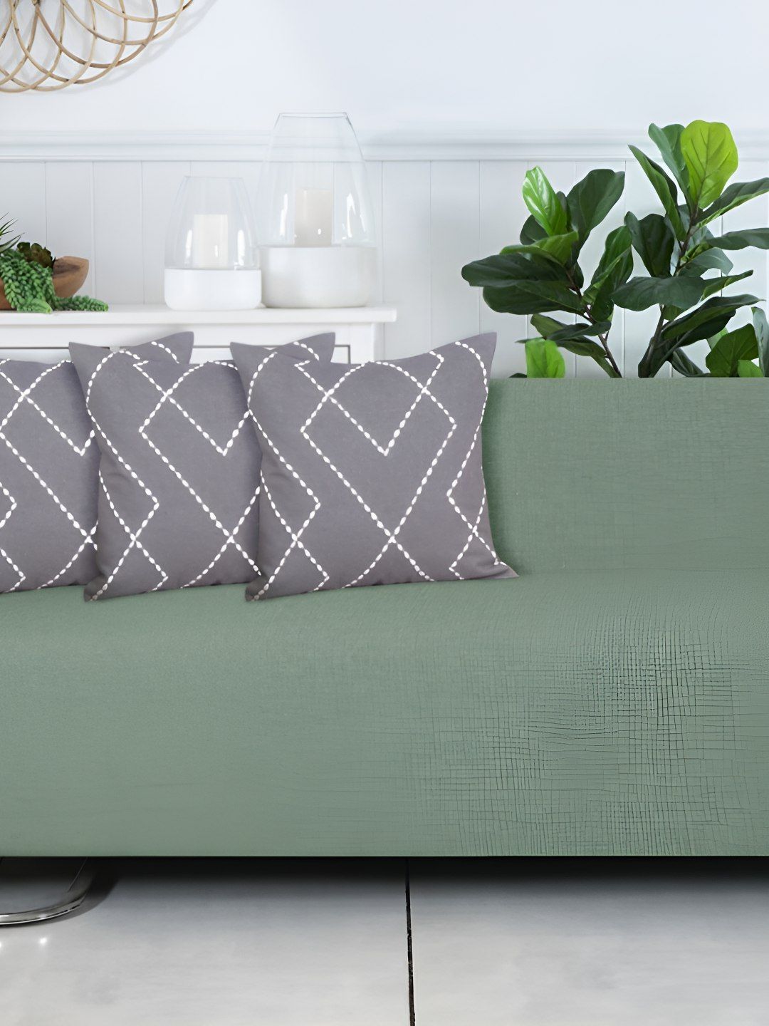 Ode & Cleo Grey Cotton Breathable 3 Piece Embroidered Square Cushion Covers -18x18In