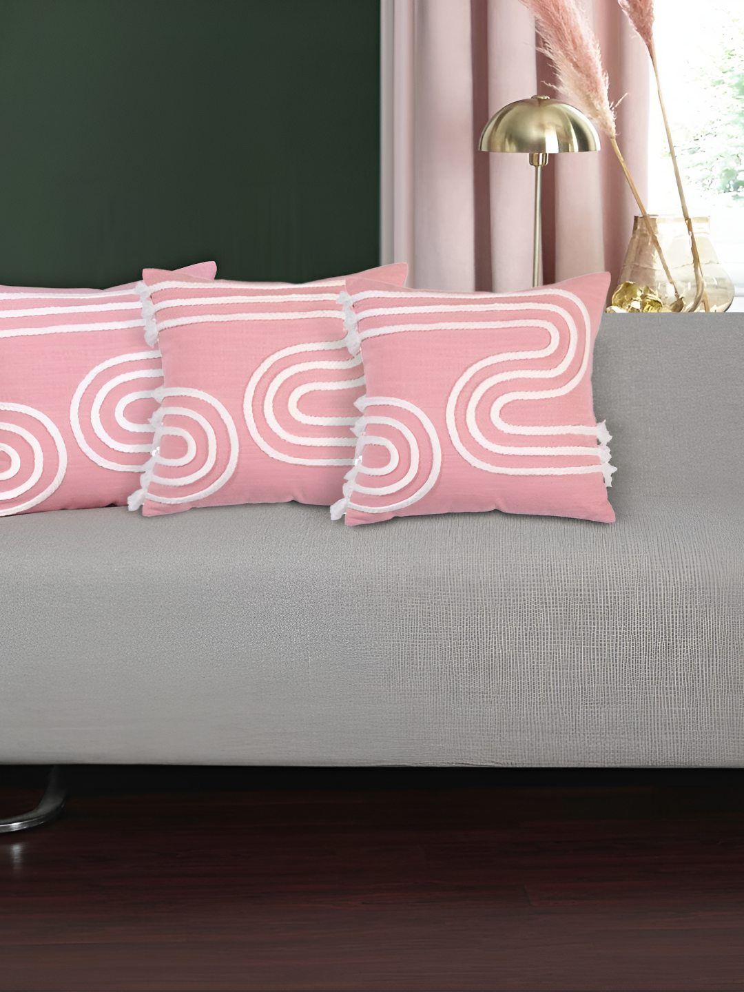 Ode & Cleo Light-Weight Pink Cotton 3 Piece Embroidered Square Cushion Covers -18x18In