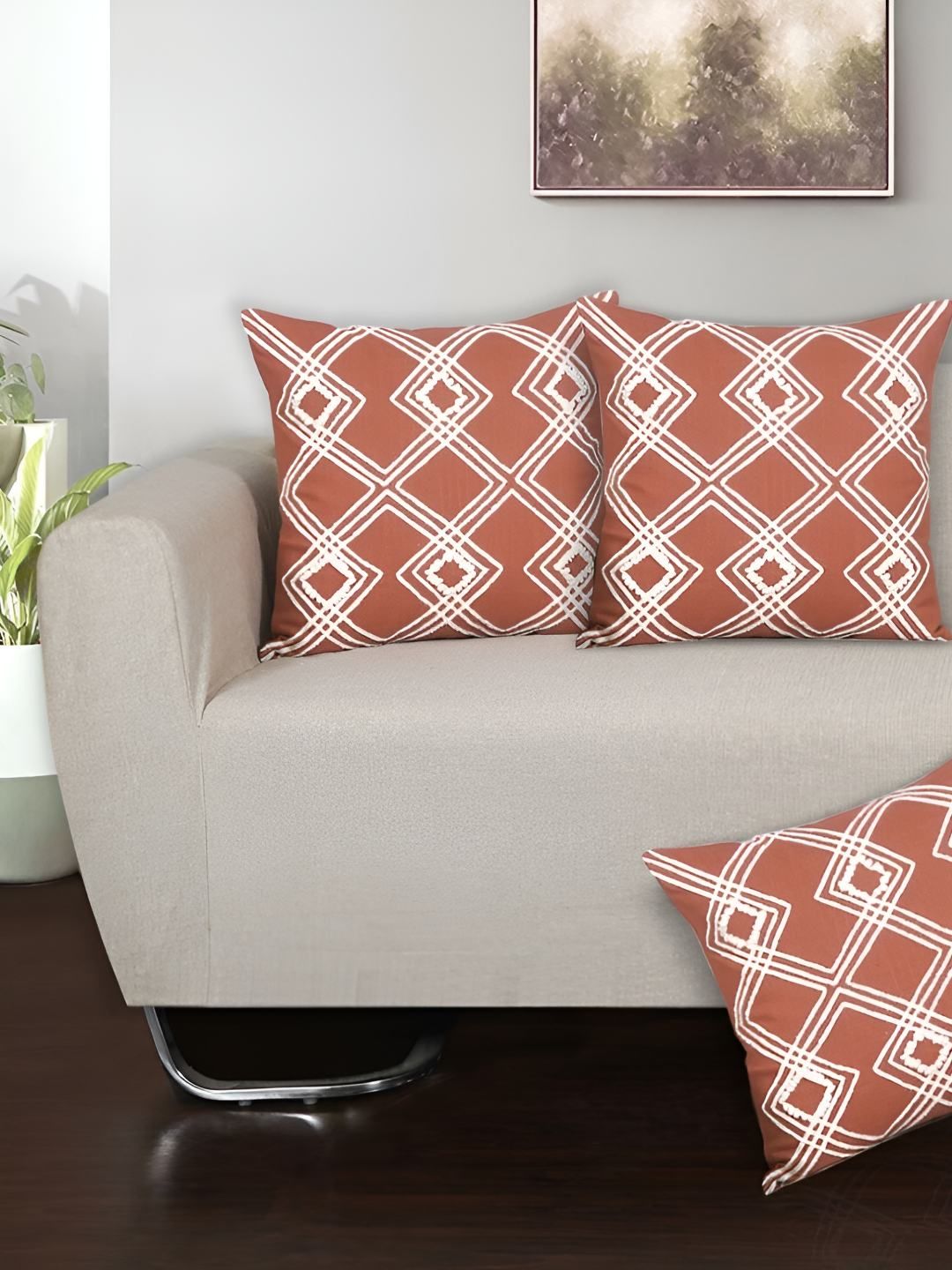Ode & Cleo Off White & Rust 3 Pieces Embroidered Square Cushion Covers