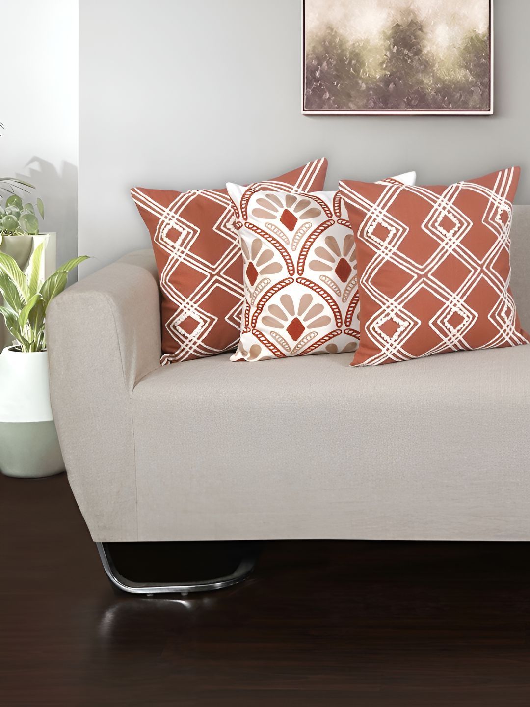 Ode & Cleo Off White & Brown 3 Pieces Pure Cotton Abstract Square Cushion Covers