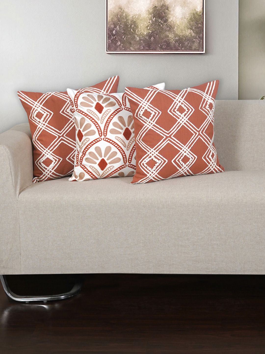 Ode & Cleo White & Burgundy 3 Pieces Ethnic Motifs Square Cushion Covers
