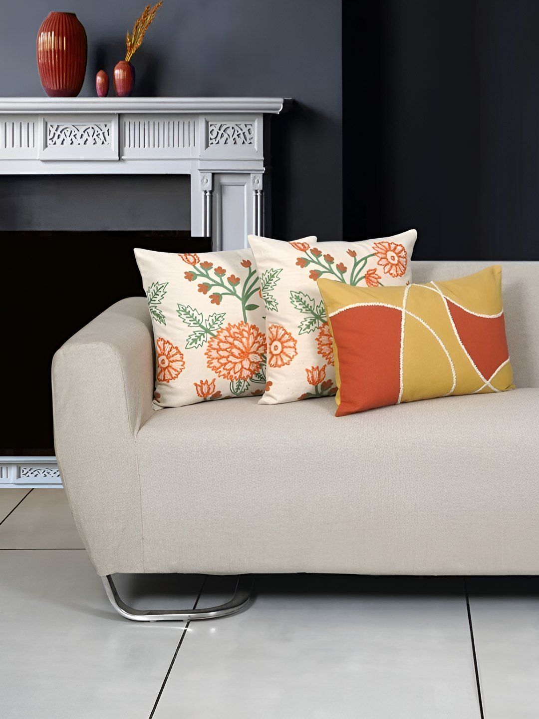 Ode & Cleo Embroidered Mustard Floral Cotton Breathable 3 Pcs Cushion Covers -18x18In