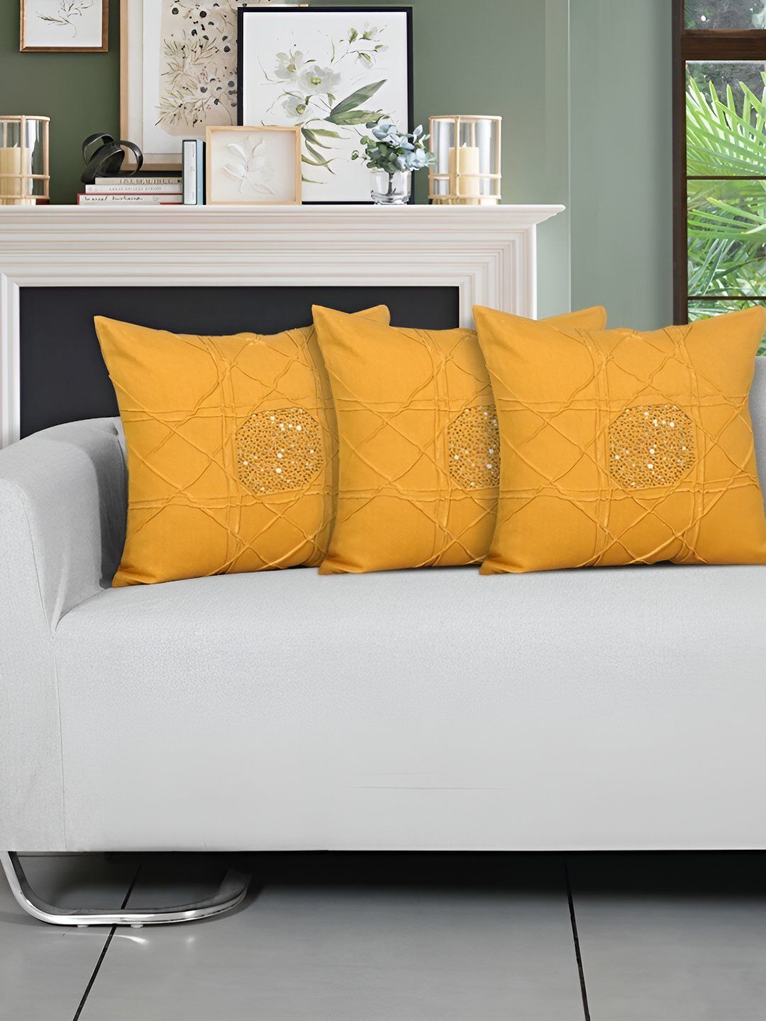 Ode & Cleo Yellow 3 Pieces Embroidered Cotton Square Cushion Covers