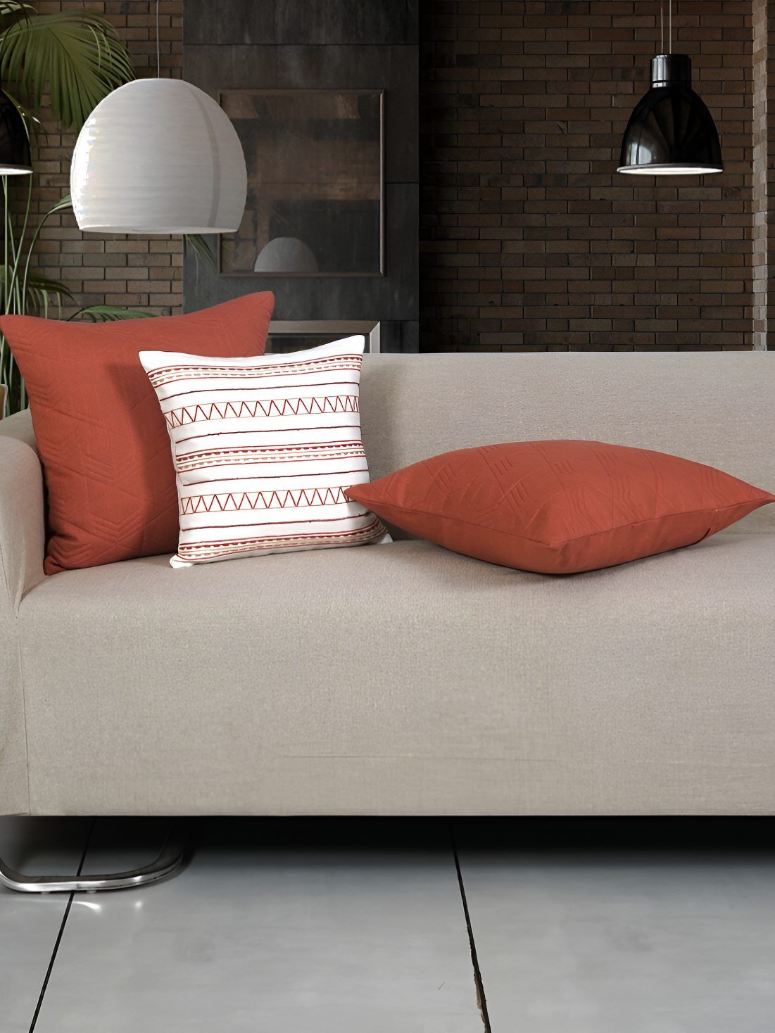 Ode & Cleo Rust Geometric Cotton 3 Pcs Textured Square Cushion Covers -17.7x17.7In