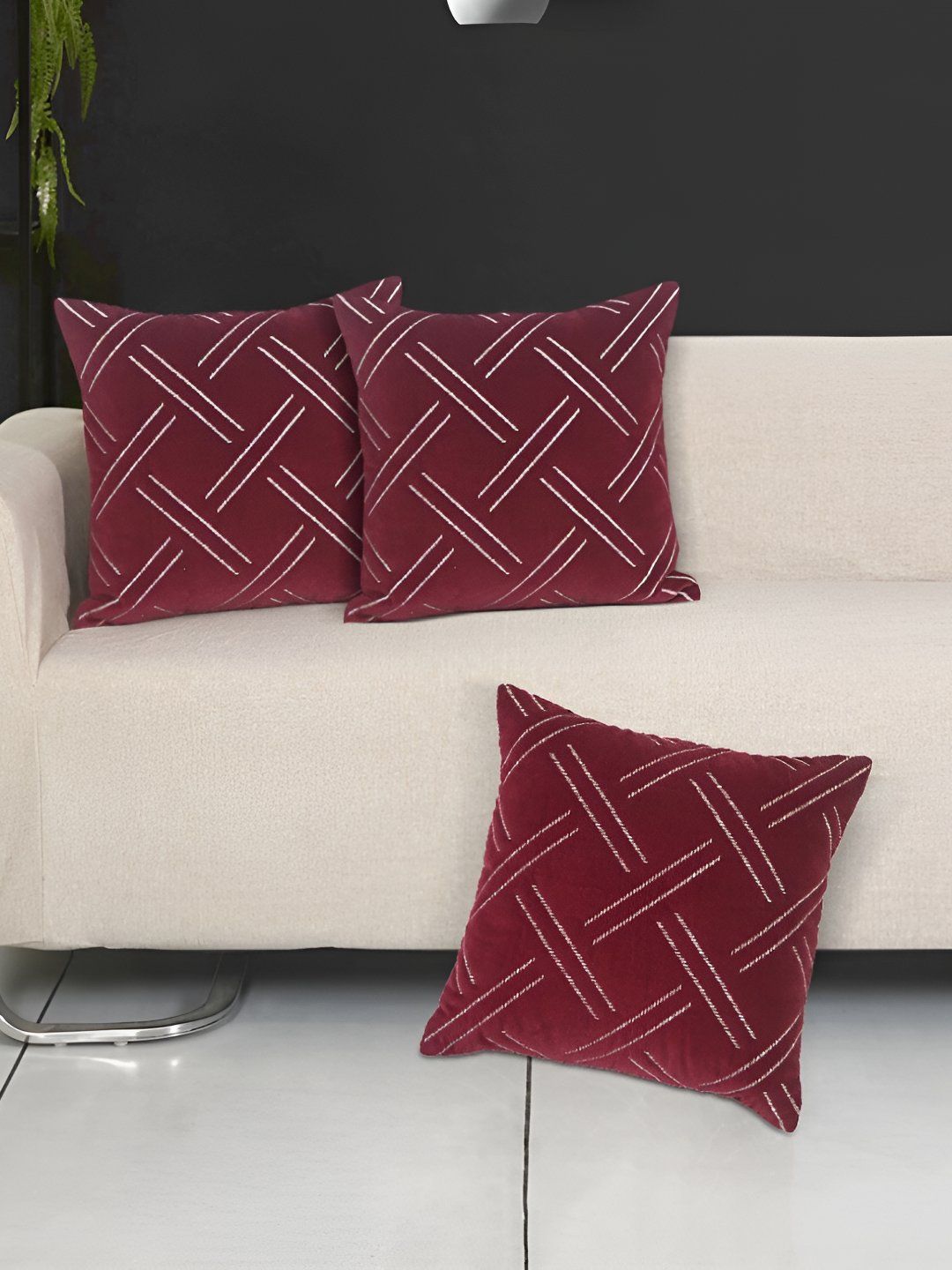 Ode & Cleo Maroon 3 Pieces Geometric Printed Pure Cotton Square Cushion Covers