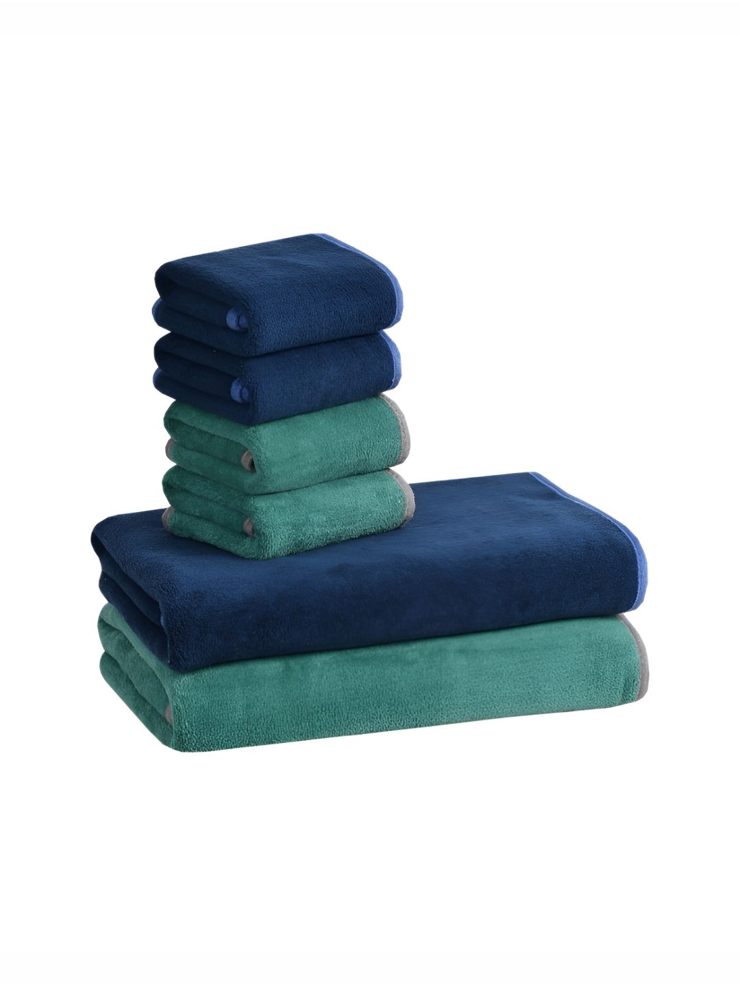 Cotton Bolls Textiles Navy Blue & Green 6Pcs Microfiber 300 GSM Ultra Soft Towel Set