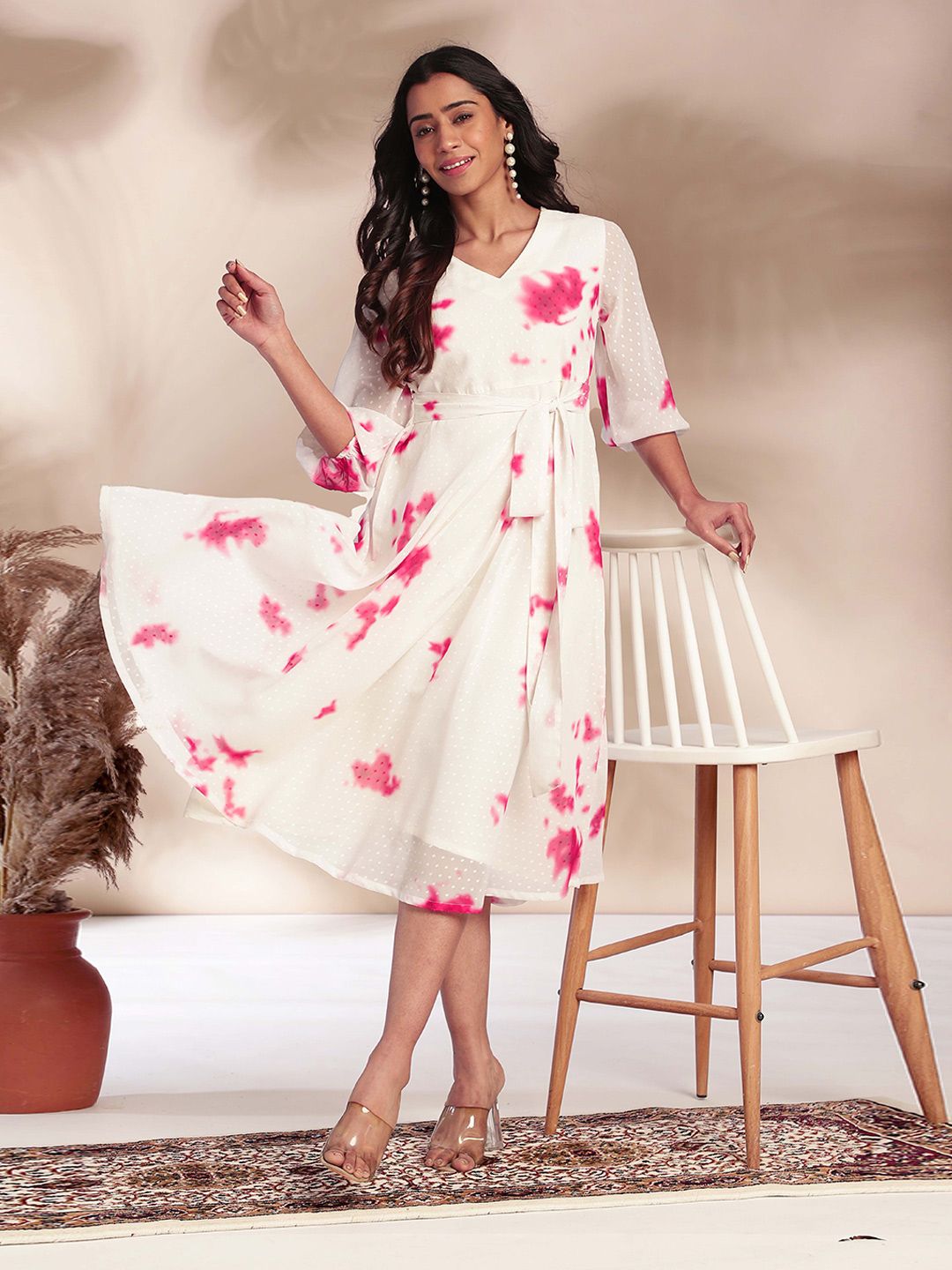 Janasya Floral Print Georgette A-Line Dress