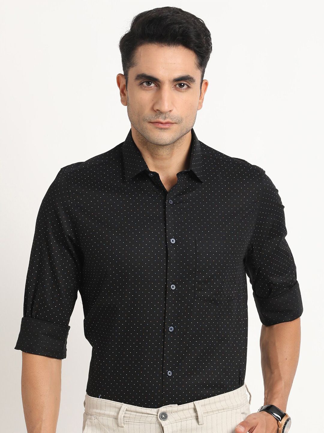 Turtle Standard Slim Fit Micro Ditsy Printed Pure Cotton Formal Shirt