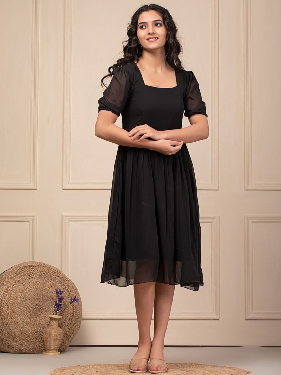 Indi INSIDE Puff Sleeve Georgette Fit & Flare Midi Dress