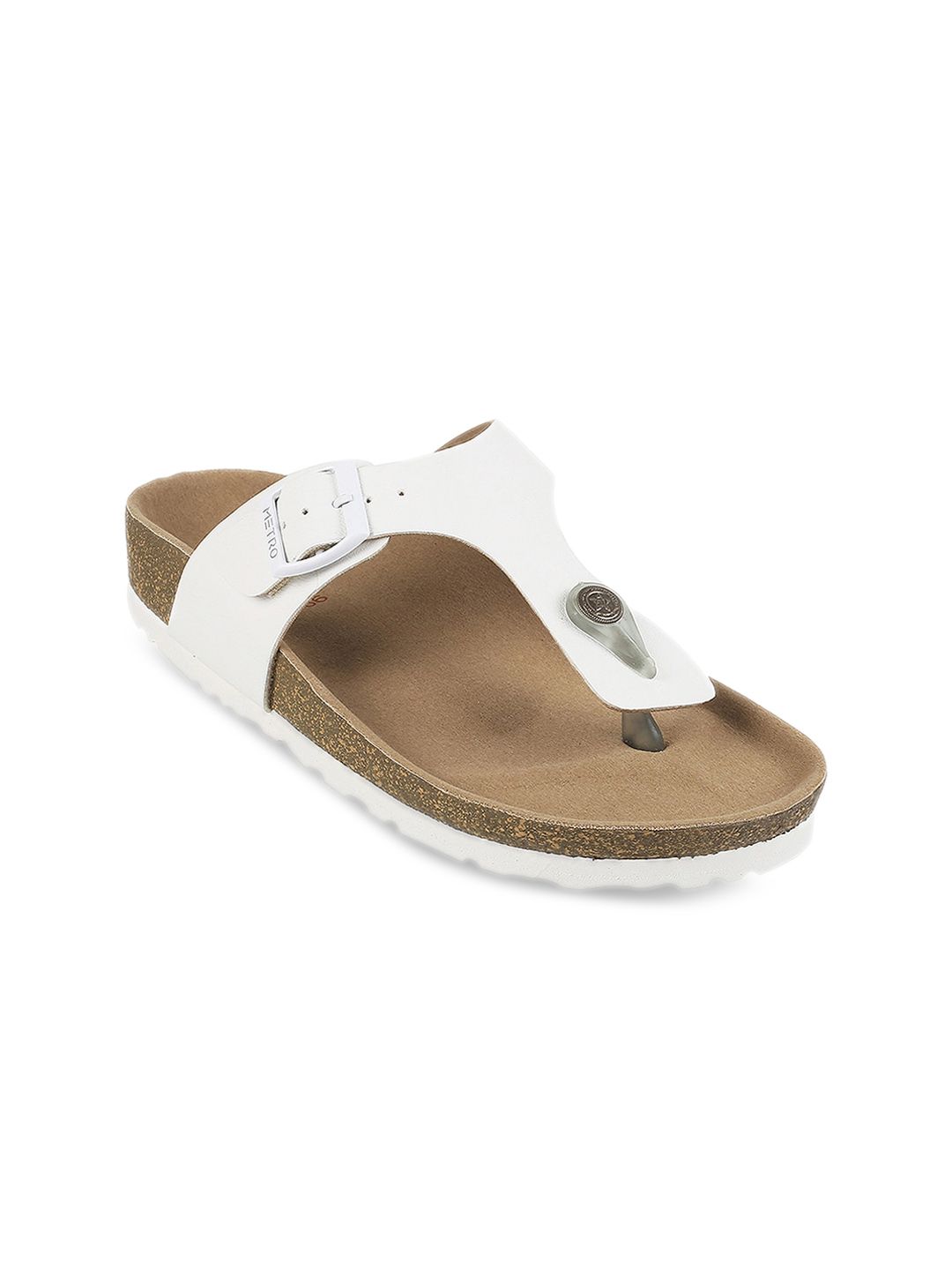 Metro Metro Womens White Open Toe T-Strap Flats with Buckle