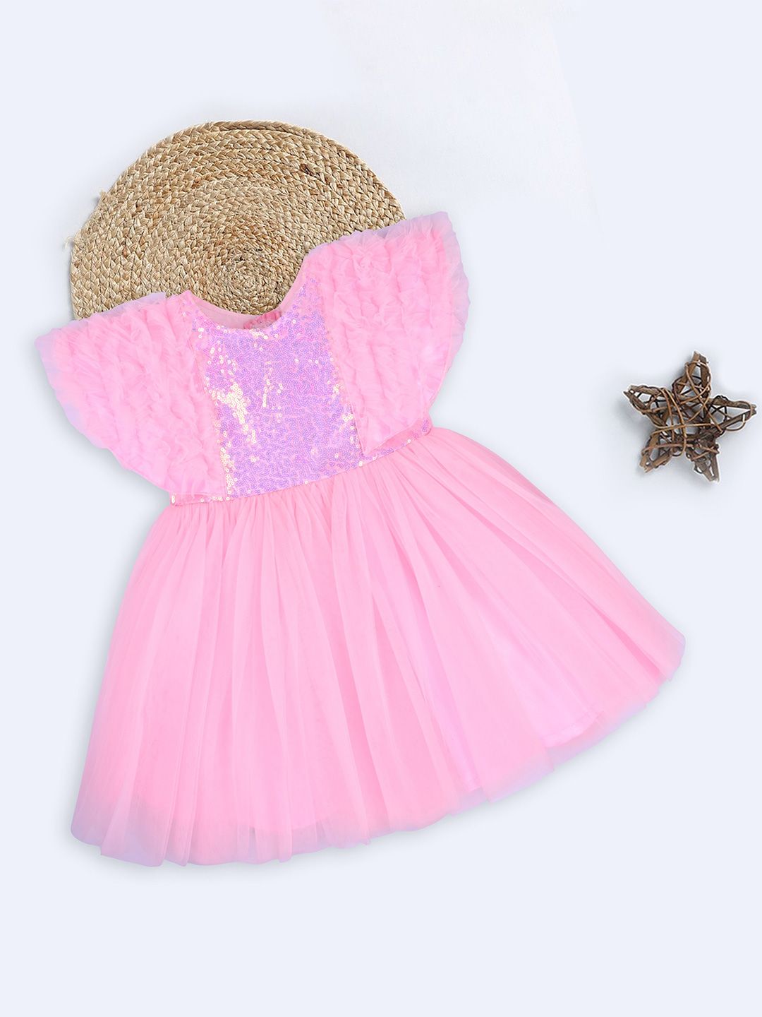 Wish Karo Girls Embellished Flutter Sleeves Sequinned Georgette Net Fit & Flare Dress