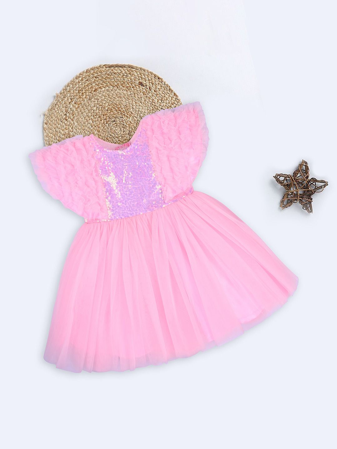 Wish Karo Girls Embellished Flutter Sleeves Sequinned Georgette Net Fit & Flare Dress