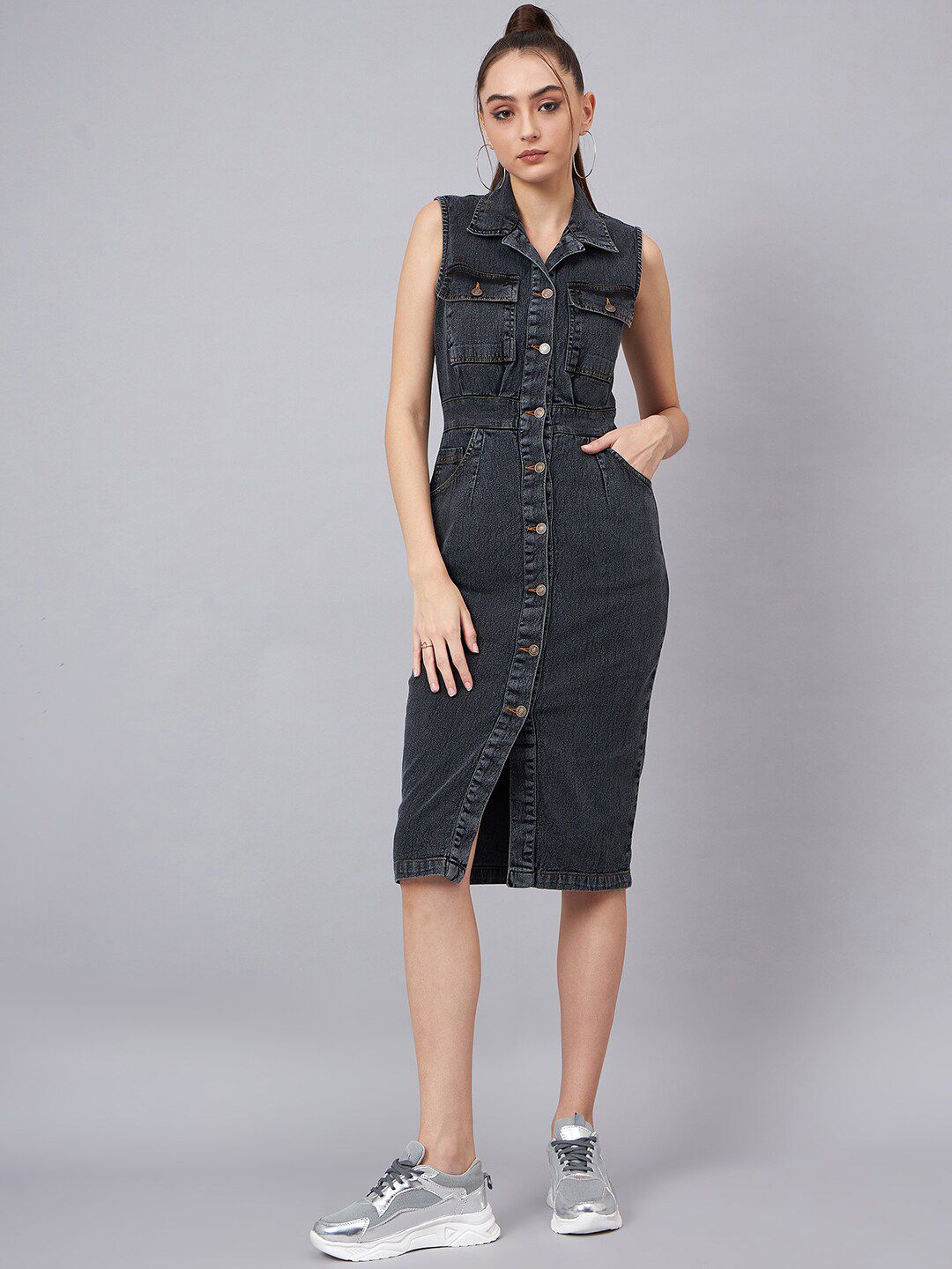 Orchid Blues Sleeveless Cotton Denim Shirt Midi Dress