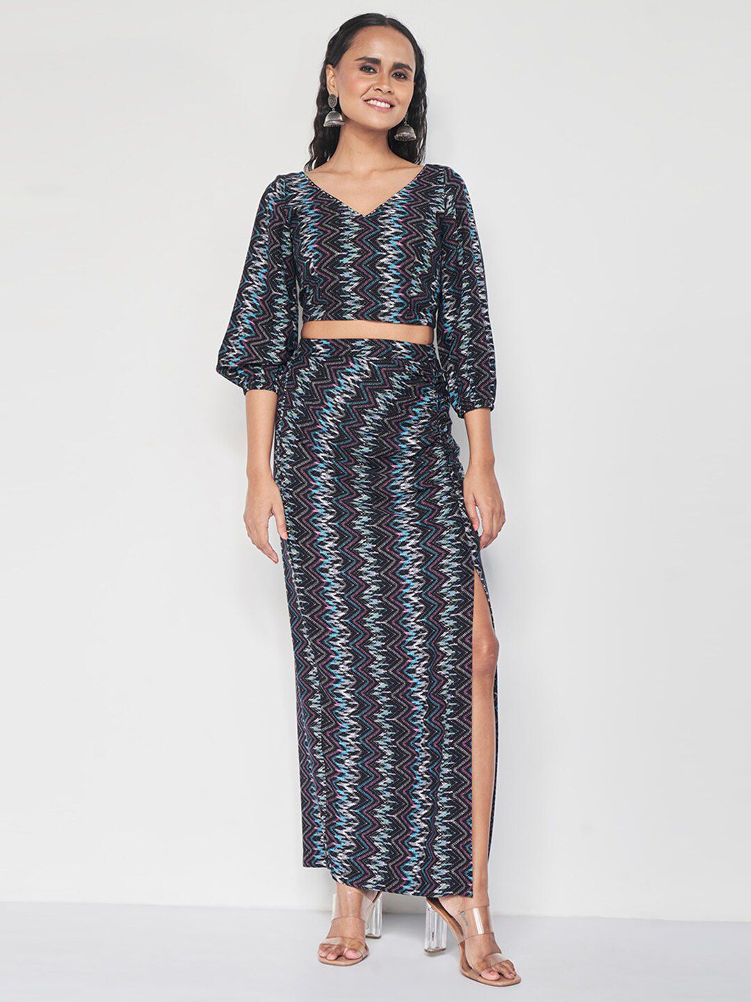 Global Desi Global Desi Geometric Printed Puff Sleeves Crop Top With Skirt