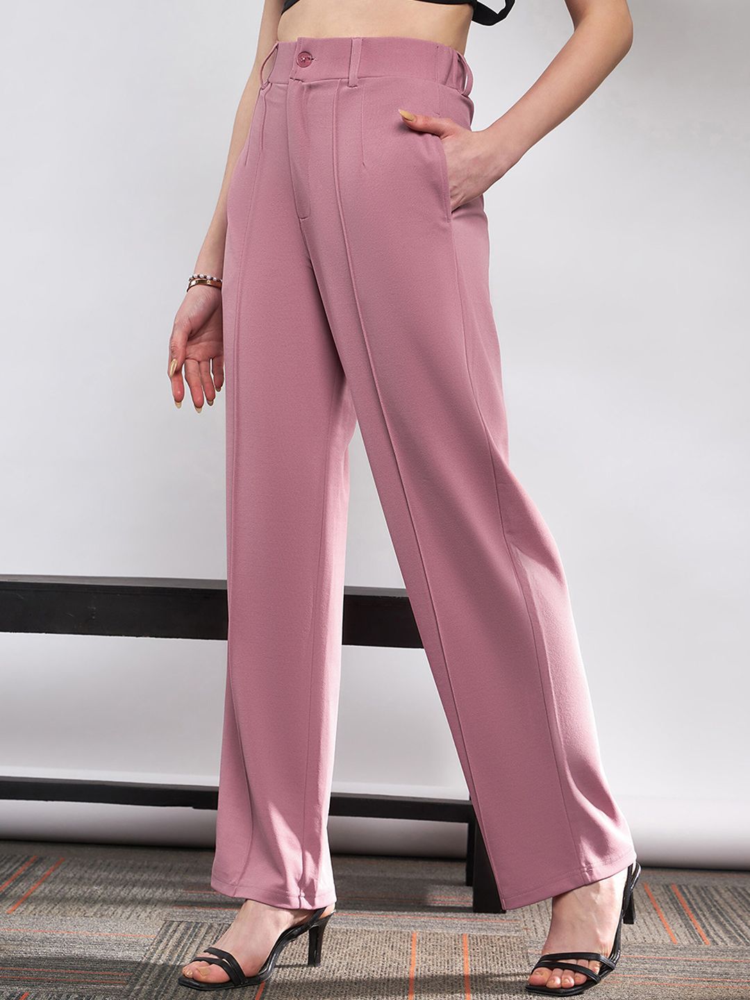 Buy SASSAFRAS Women Pink High-Rise Wide Leg Trousers - Trousers