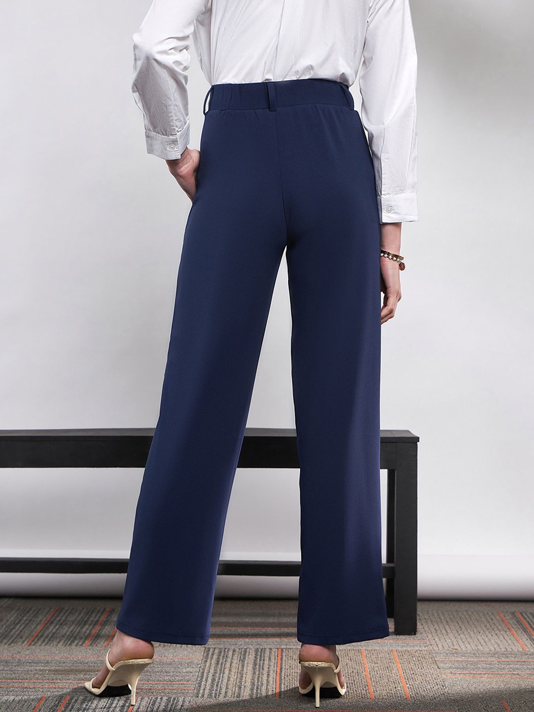Buy SASSAFRAS Women Navy Blue Straight Fit High-Rise Pleated