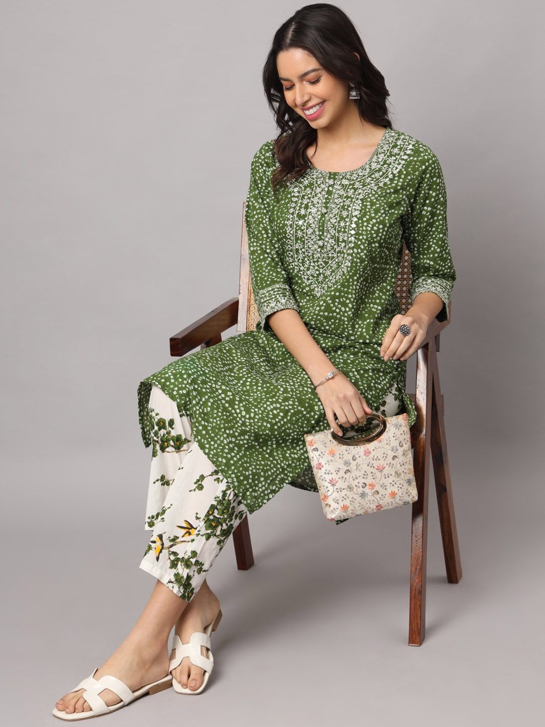 KALINI Women Bandhani Embroidered Regular Pure Cotton Kurta with Trousers Price in India