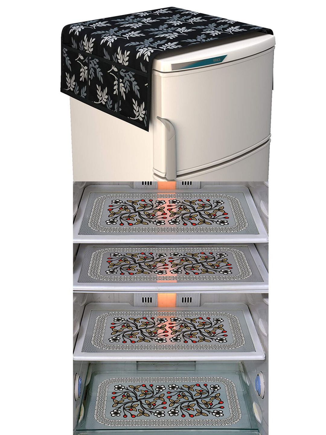 Dakshya Industries Black & Yellow 5 Pieces Printed Fridge Cover & Mats