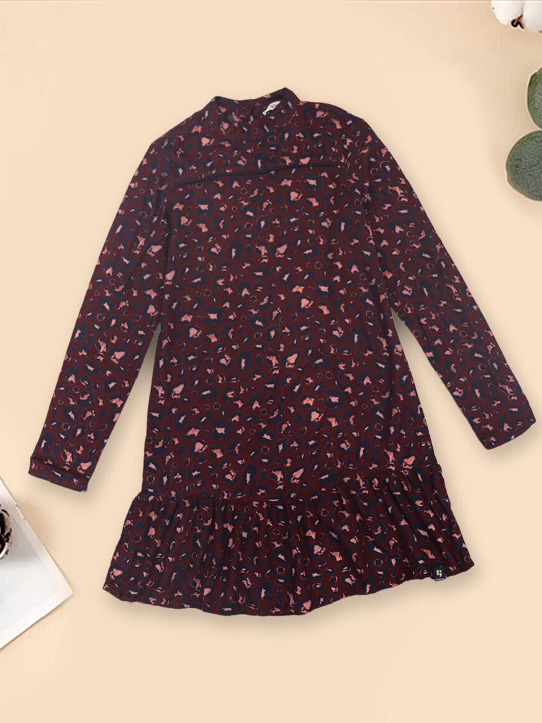 INCLUD Girls Animal Printed Mandarin Collar Long Sleeves Ruffled Cotton A-Line Dress